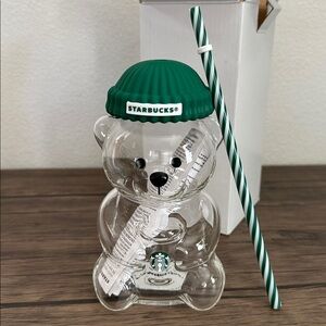 EUC Starbucks Green Bear Glass with Straw